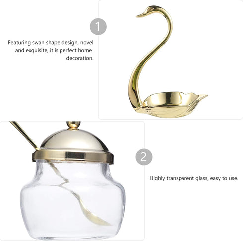Hemoton Golden Glass Seasoning Jar with Lid, Swan Pattern Condiment Pots, Sugar Bowl, Sugar Pepper Containers for