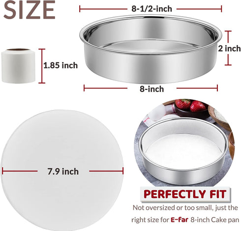 E-far 8 Inch Cake Pan Set of 2, Stainless Steel Round Layer Cake Baking Pans with Parchment Rounds & Side Liner Roll, Non-Toxic & Healthy Metal Cake Tin, Straight Side & Dishwasher Safe