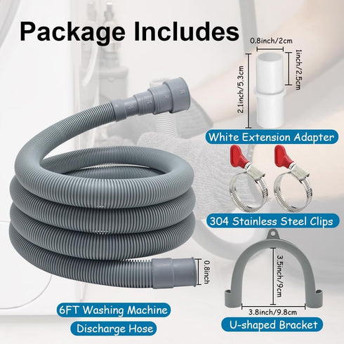 TTFLEX Universal Washing Machine Drain Hose, Washer Drain Hose Extension Kit with 1 Extension Adapter and 2 Hose Clamps, 6-Feet