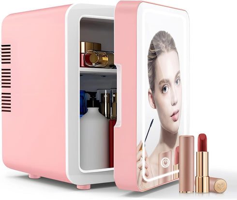 Mini Fridge for Bedroom, Skincare Fridge with Dimmable LED Light Mirror, 4L Makeup Mini Fridge, Pink