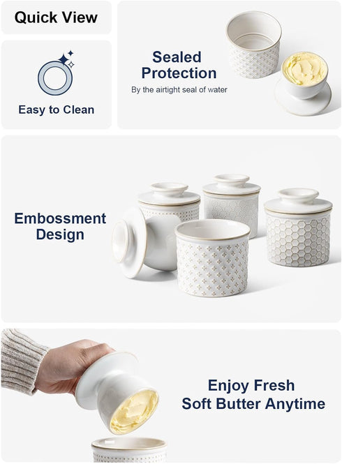 Counter Set 1, LE TAUCI Butter Crock, Butter Dish with Lid, Butter Container for with Water Line, Embossed French