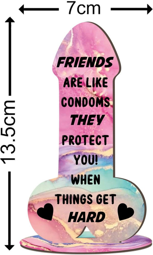 5.8in 2.8in) Friends Are Like Condoms (Multi-Coloured Marble Effect, Mdf Wood Small x - Birthday Gift for Female