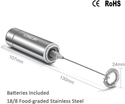 VOMELON 2 Milk Frother Handheld, Battery Operated Travel Coffee Frother Milk Foamer Drink Mixer with Stainless Steel