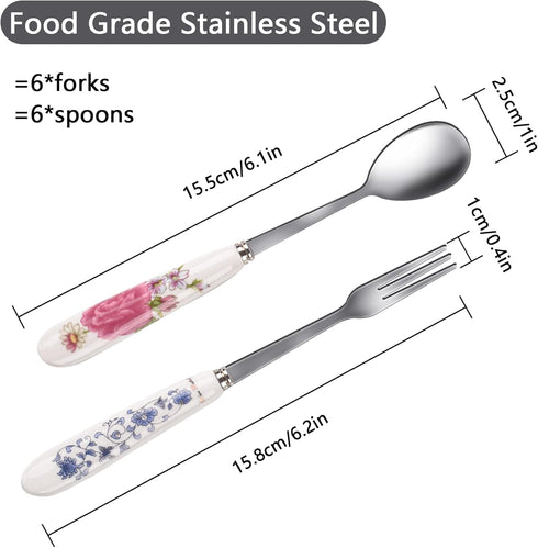 12 Pieces Forks and Spoons with Ceramic Handle, Stainless Steel Utensils Set for Home & Restaurant