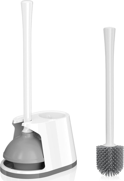 Toilet Plunger and Brush Set, 2-in-1 Heavy Duty Toilet Plunger with Silicone Bowl Brush and Ventilated Holder, White &