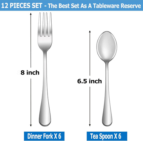 12 Pcs Forks and Spoons Silverware Set,Food Grade Stainless Steel Flatware Cutlery Set for Home,Kitchen and Restaurant,Mirror Polished,Dishwasher Safe - 6 Dinner Fork(8 inch) and 6 Teaspoon(6.5 inch) by MUTNITT