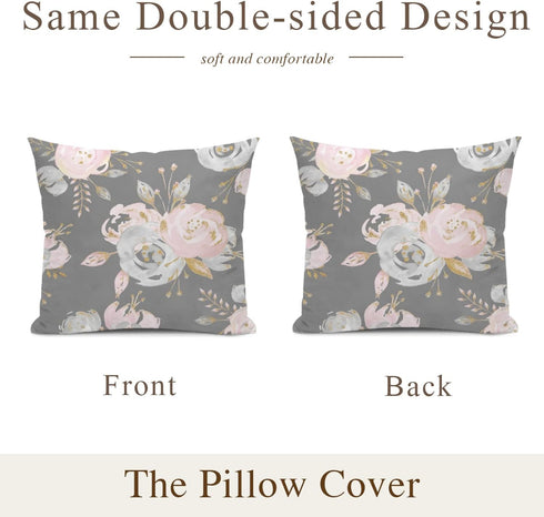 Golden Blush Roses Floral Throw Pillow Covers on Gray, Set of 2 Modern Decorative Cases 18"X18"