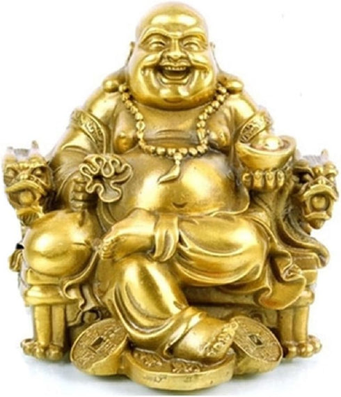 Fengshui Buddha Statue for Lucky & Happiness, God of Wealth Laughing Buddha on Dragon Chair, Brass Home Decor