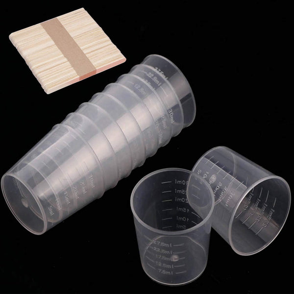 100 Pack 1oz/30ml Plastic Graduated Cups, Transparent Scale Cups with 50 Pack Wooden Stirring Sticks