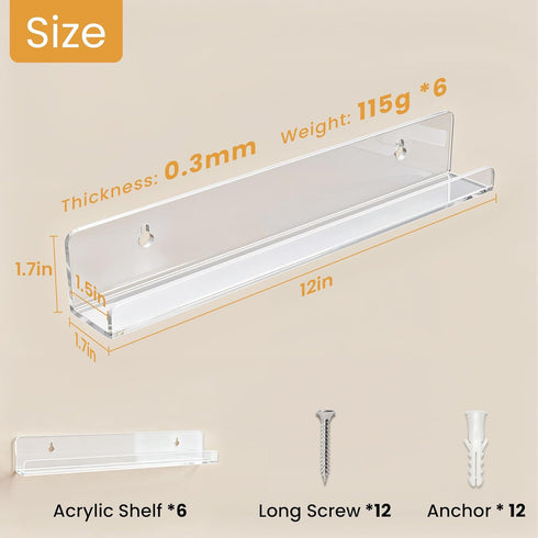 12 inch Album etc.6 Pack Laurensory Vinyl Record Shelf Wall Mount, Clear Acrylic Record Holder Display, Floating