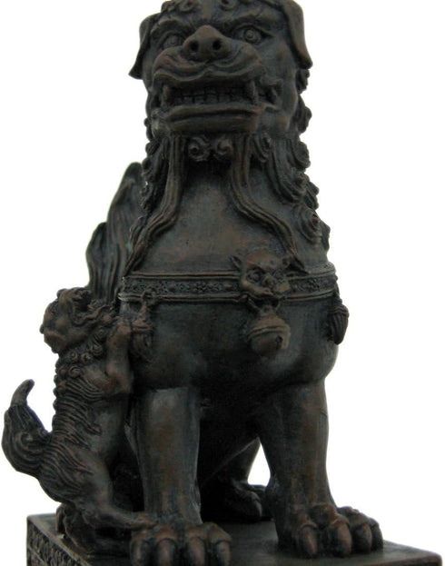 YTC Summit International, Inc. Pair of Chinese Lions Stone Guardian Figurines Set of 2 on Engraved Base