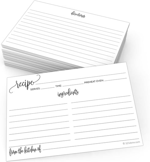 321Done Recipe Cards, Made in USA - 4x6 Black and White Modern Minimalist, Set of 50 for Weddings, Bridal Shower
