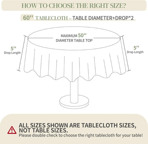 60 Inch Max50 Inch BYDOLL Table Cloth Round Tablecloth Fits Diameter Top,White Washable Outdoor Winkle and Stain
