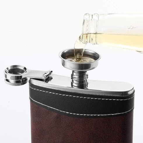 Premium 1 Pack 8 Oz Hip Flask for Liquor, Soft Touch Leather Wrap with Funnel, Leak Proof Stainless Steel
