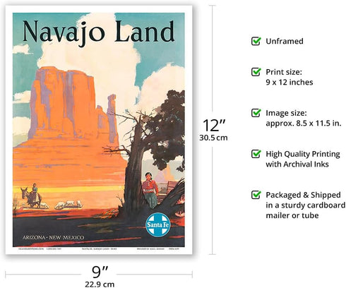 Vintage Railroad Travel Poster by Elms c.1954 - Navajo Land - Arizona New Mexico - Santa Fe Railroad - 9in x 12in