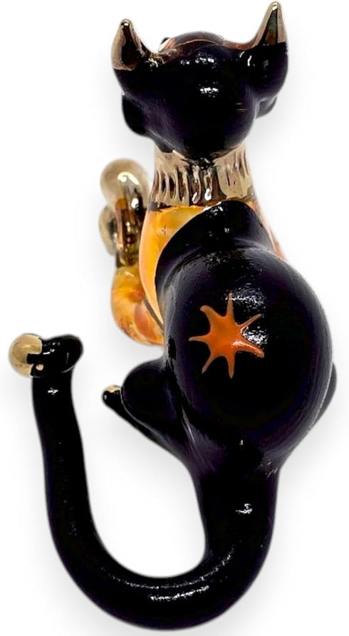 Tiny 2¼" Black Brown Crouching Play Ball Cat Figurine - Miniature Hand Blown Painted Glass