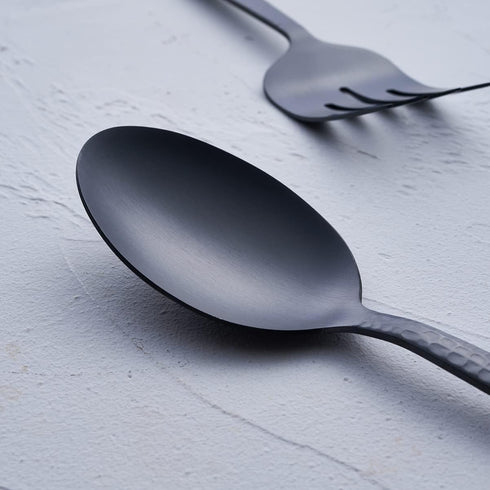 FULLYWARE Matte Black Large Serving Utensil Set, 5-Piece Stainless Steel Hostess Set with Spoon, Fork, and Knife