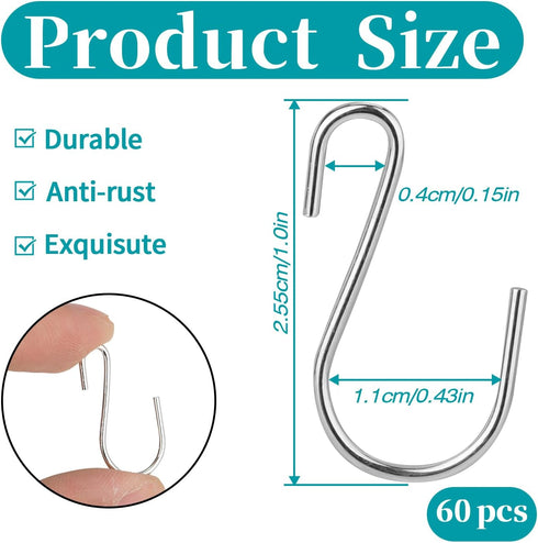 60 PCS S Hooks for Hanging, Mini Metal Hanging Hooks, S Shaped Iron Wire Hook Hanger for Jewelry, Kitchenware, Silver