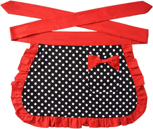 Black Sexy Polka Dot Ruffle Side Half Aprons, Cotton Kitchen Cooking Waist Apron with Pocket for Women Girls