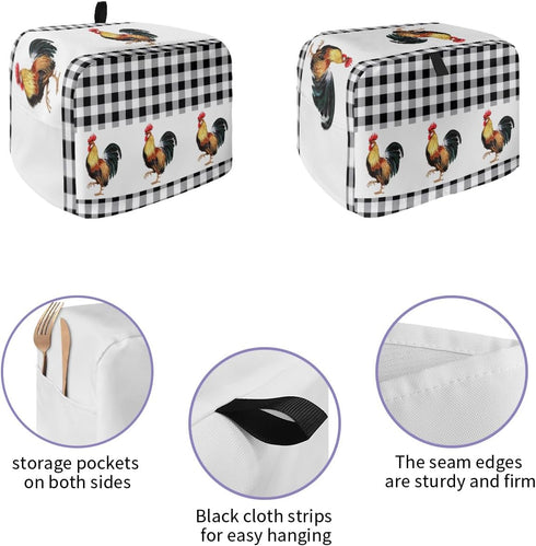 Toaster Dust Cover with Pockets, Black White Buffalo Plaid Rooster Summer Farm Style, Washable 2 Slice Cover
