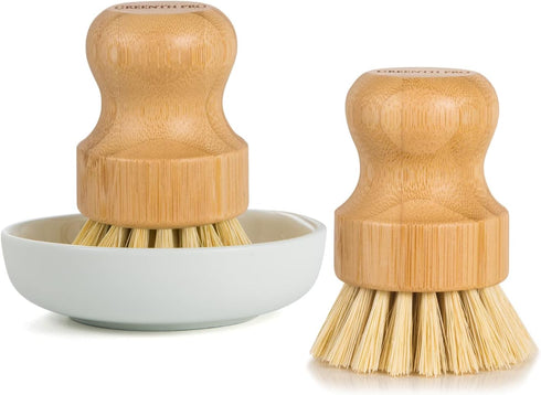 GREENTH PRO Bamboo Dish Brush-2 Pack Nature Sisal Scrubber Brush with Ceramics