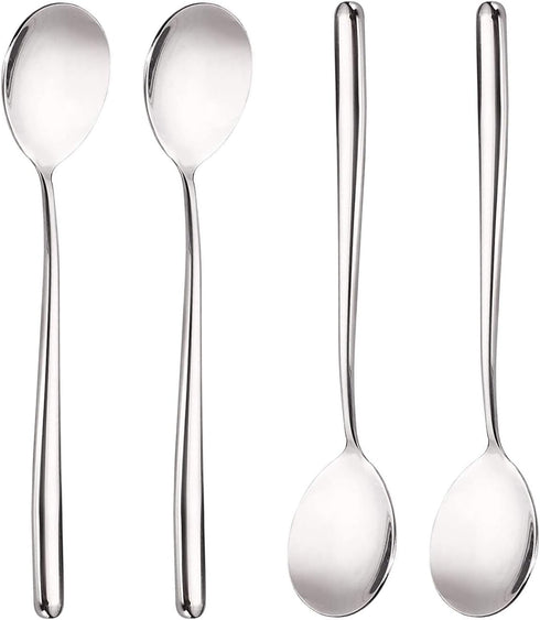 Pack of 4 Long Handle Stainless Steel Soup Spoons, Korean Round Handle Bar Spoons in Silver