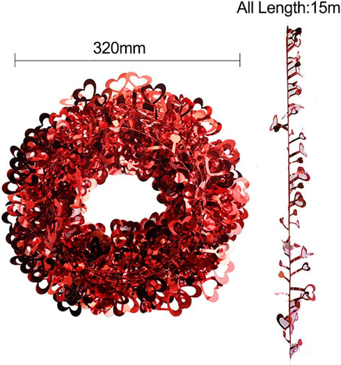 Ochine Tinsel Heart Wreaths Garland, Red Heart Shaped Wreaths Decor for Valentines' Day Wedding Party Decorations