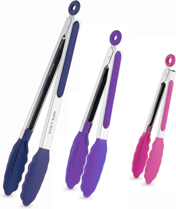Kitchen Tongs Set of 3: Cooking Tongs with Silicone Tips, Stainless Steel Serving Tongs, Non-Scratch Heat Resistant