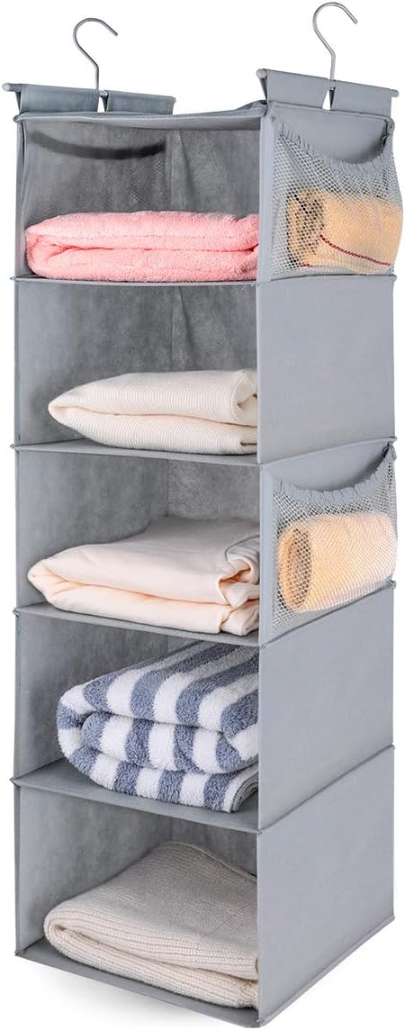MAX Houser 5 Shelf Hanging Closet Organizer - Space Saver with (4) Side Pockets, Foldable, Light Grey