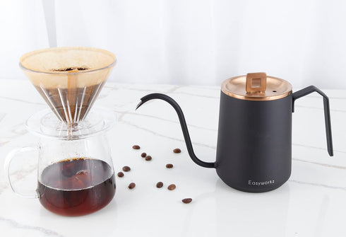Easyworkz Gooseneck Pour Over Coffee Kettle, 20 oz Stainless Steel Hand Drip Pot with Long Narrow Spout (Rose Gold