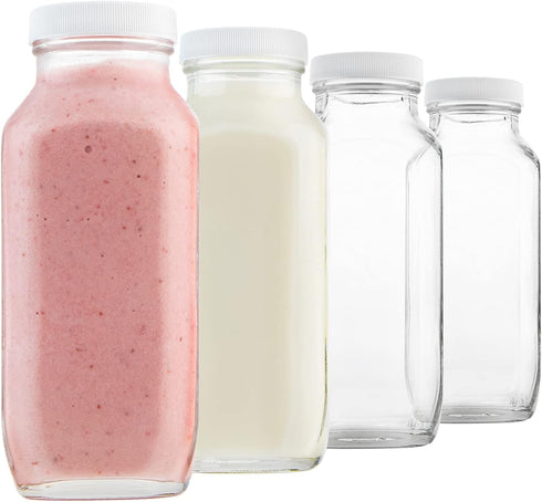 kitchentoolz 16oz Square Glass Milk Bottles with Airtight Plastic Lids Pack of