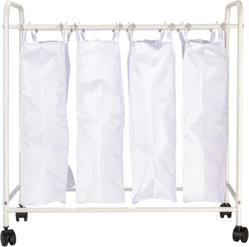 4 Household Essentials Rolling Laundry Sorter, Bag Laundry Sorter Cart with Washable and Removable Bags, White