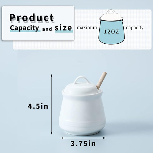HAOTOP Ceramic Honey Pot with Lid and Dipper, 12oz Porcelain Honey Jar, Easy to Clean, Dishwasher Safe (White)