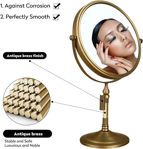Leyden Antique Brass Makeup Mirror - 3X Magnifying Vanity Mirror, Double Side 7.8 Inch for Bathroom
