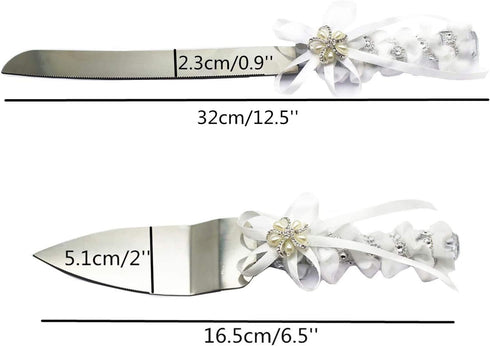 TANG SONG Stainless Steel Wedding Cake Knife and Serving Set - Pearl Flower Shape with Lace Handle