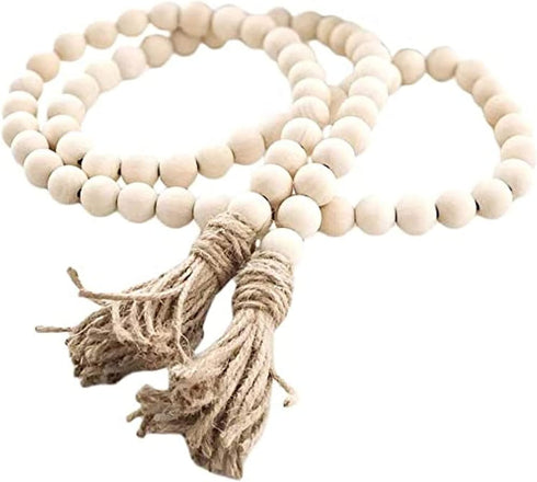 58in Farmhouse Beads Wood Bead Garland with Tassels, Rustic Decor for Farmhouse Tiered Tray Wall Decor (Natural Wood)