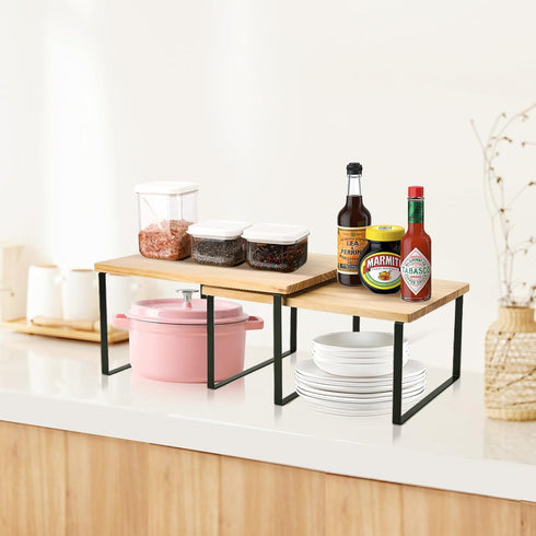 Bamber Large Spice Rack Organizer, Solid Wood Cabinet Shelf for Kitchen Countertop Storage, Set of 2, 16.5x10 Inches