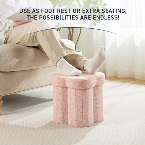 12" Inch Ornavo Home Pink Boucle Storage Ottoman Cube Flower-Shaped Footstool with Hidden Storage, Faux Teddy Fur Foot