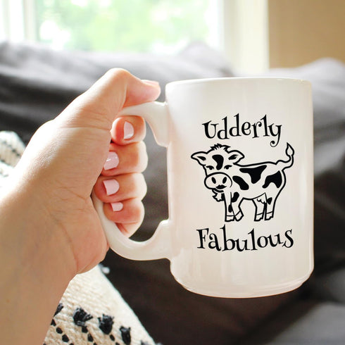 Udderly Fabulous Cow Coffee Mug - Funny Cow Gifts & Decor - Large 15oz White Ceramic Mug