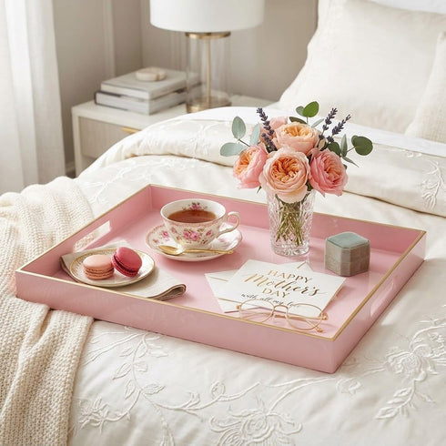 MaAixHom 15.8" 11.8" Counter, x Pink Decorative Serving Tray with Gold Trim and Handles, Sturdy Rectangular Ottoman