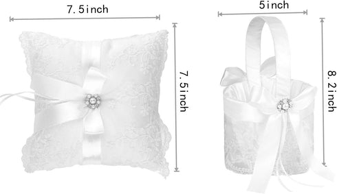 TRUE LOVE GIFT Ring Bearer Pillow and Wedding Flower Girl Basket Set, Pearl Rhinestones White Satin Lace
