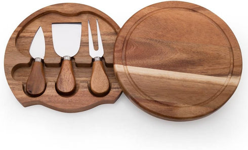 3 Set, 7.5 inch ILEAF Round Slide-Out Acacia Wood Cheese Board and Piece Cheese Tool Diameter
