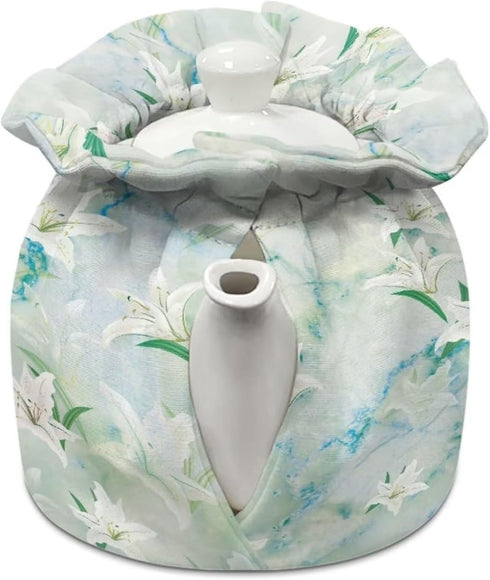 Tea Cozies Cover of Teapots Insulation Cotton Vintage Warm Kettle Cover Breakfast Tea Pot Cover Kitchen Tea Pot Dust Cover with Elastic Band,White Lily Print