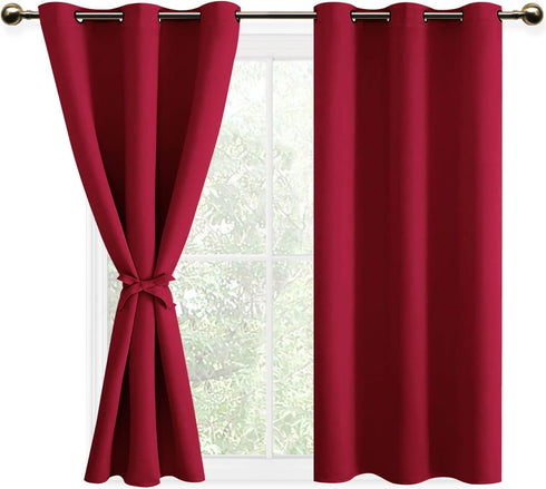 DWCN Blackout Short Curtains with Tiebacks, Thermal Insulated Grommet Window Curtains for Living Room, 38 x 45 inch, Red