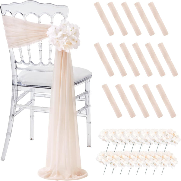 SoarDream Champagne Wedding Chair Sashes, 16 Pack Sheer Tulle with Artificial Hydrangea