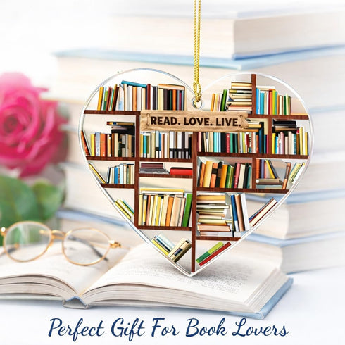 Book Lovers Gifts for Women-Book Ornament Heart Shaped Bookshelf Christmas Decoration with Read Love Live Quote Gifts