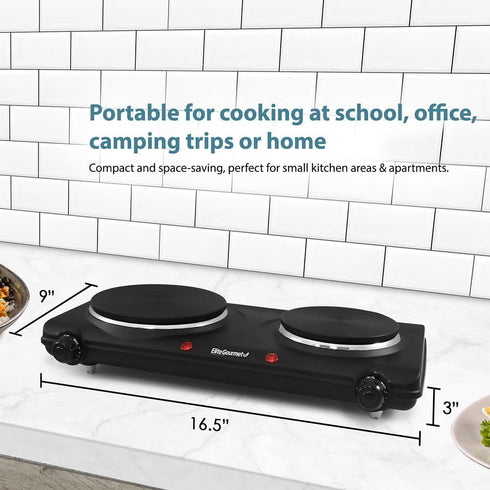 Elite Gourmet EDB-302BF# Electric Hot Plate, Countertop Double Cast Iron Burner, 1500 Watts, Black