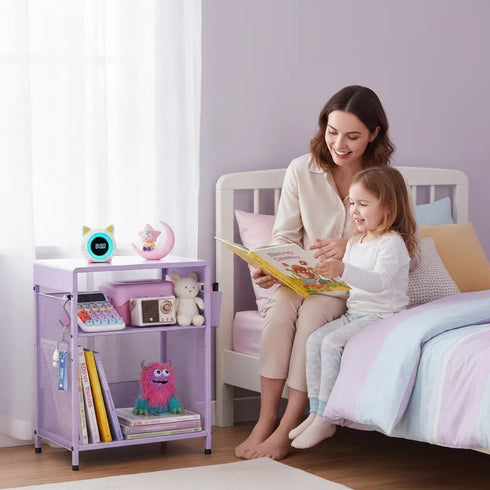 19in 3-Tier 3 ECOLOVI Kids Nightstand High for Floor Beds, Metal Small Bedside Table with Adjustable Storage Shelf