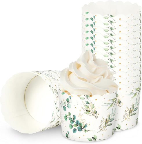 100Pcs Eucalyptus Leaf Paper Baking Cups, Green Gold Foil Leaves Cupcake Wrappers for Parties