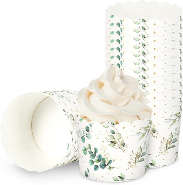 100Pcs Eucalyptus Leaf Paper Baking Cups, Green Gold Foil Leaves Cupcake Wrappers for Parties
